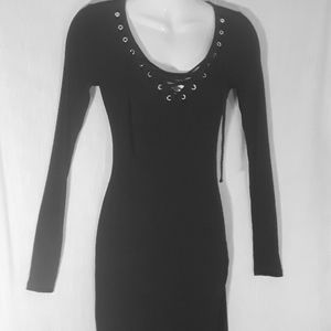 Bar III RIBBED FITTED BLACK DRESS, TIE-UP V-NECK